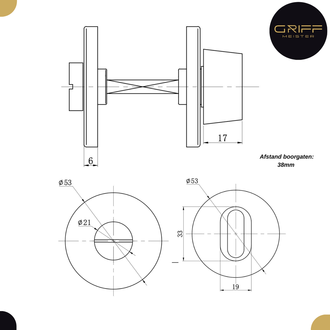 Technische Zeichnung der Badezimmer-Drehrosette, 53 mm Durchmesser, mit 38 mm Lochabstand