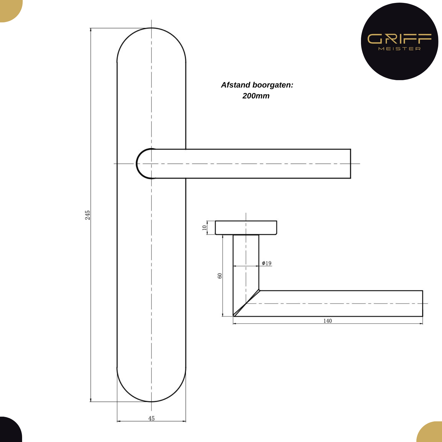 Technische Zeichnung eines Hebelgriffs auf ovaler, verdeckter Rosette mit 200 mm Lochabstand