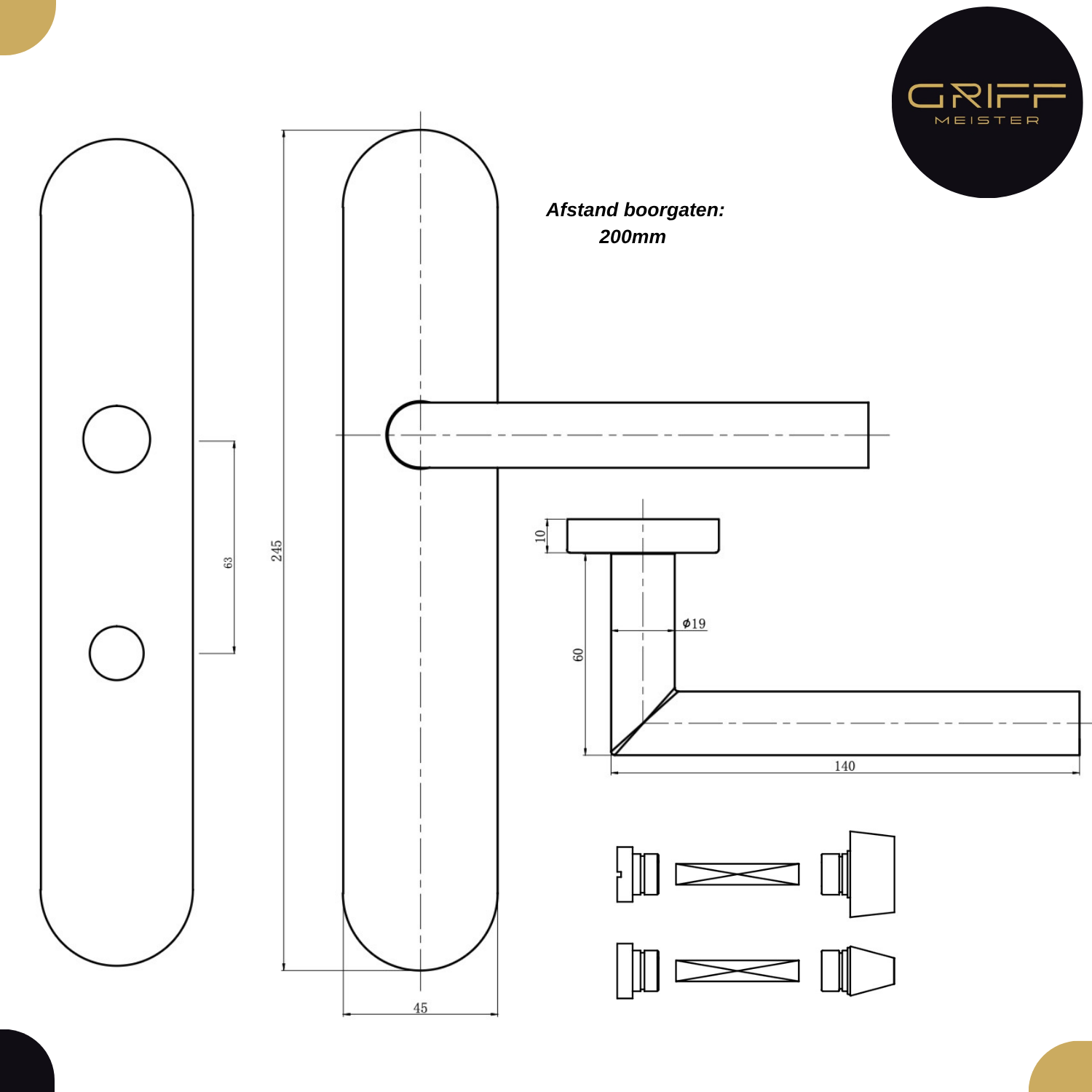 Technische Zeichnung eines Hebelgriffs auf ovaler Rosette mit Baddrehung, 200 mm Lochabstand