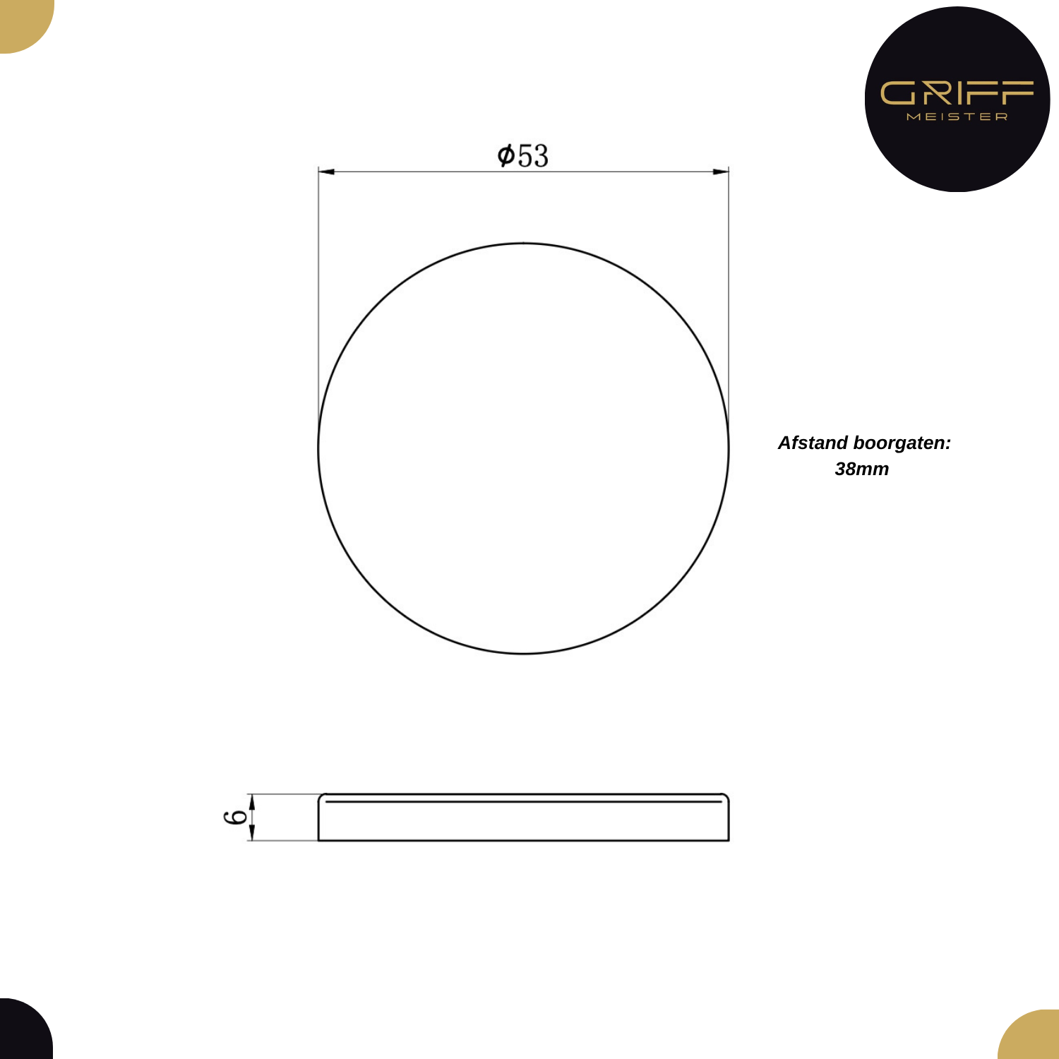 Technische tekening van de blinde rozet, 53 mm breed, met een hartafstand van 38 mm tussen de gaten