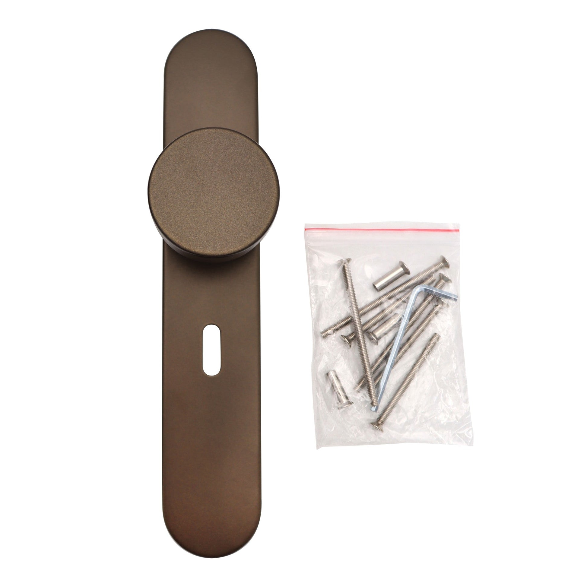Griff Meister Türknauf auf ovaler Rosette, Schlüsselloch 56 mm, Bronze, komplettes Set wie geliefert