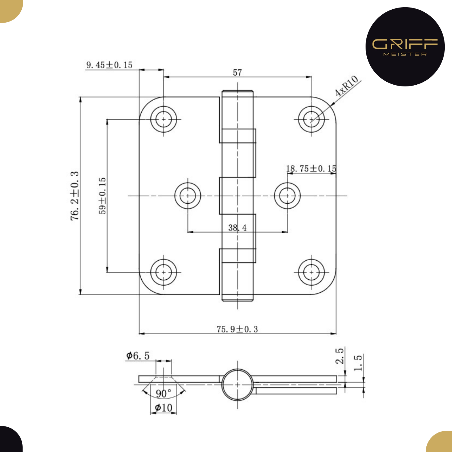 Technische tekening van het 76 x 76 mm kogellagerscharnier, met afmetingen in mm