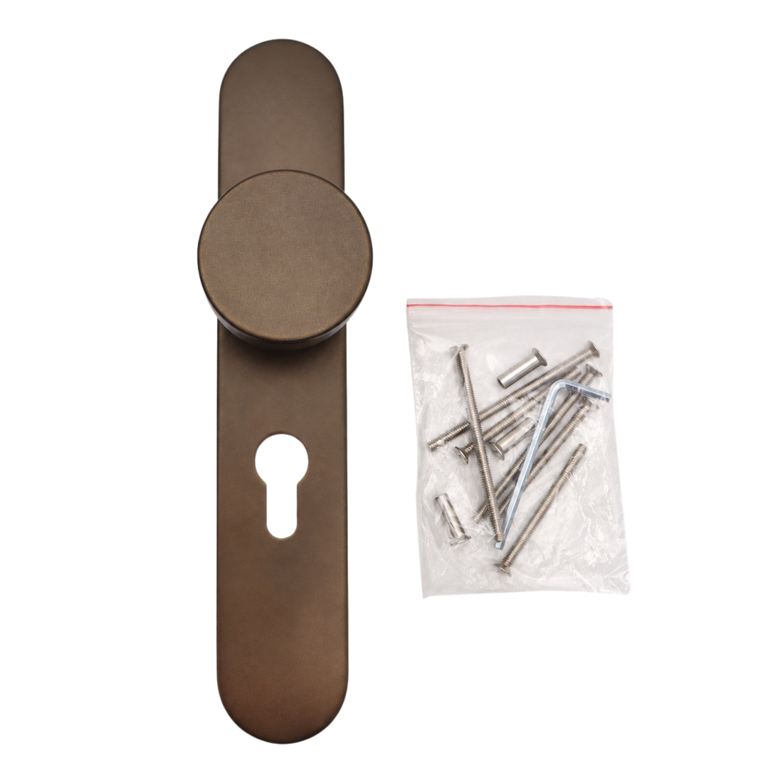 Griff Meister Türknauf auf ovaler Rosette, Eurozylinder PC55, Bronze
